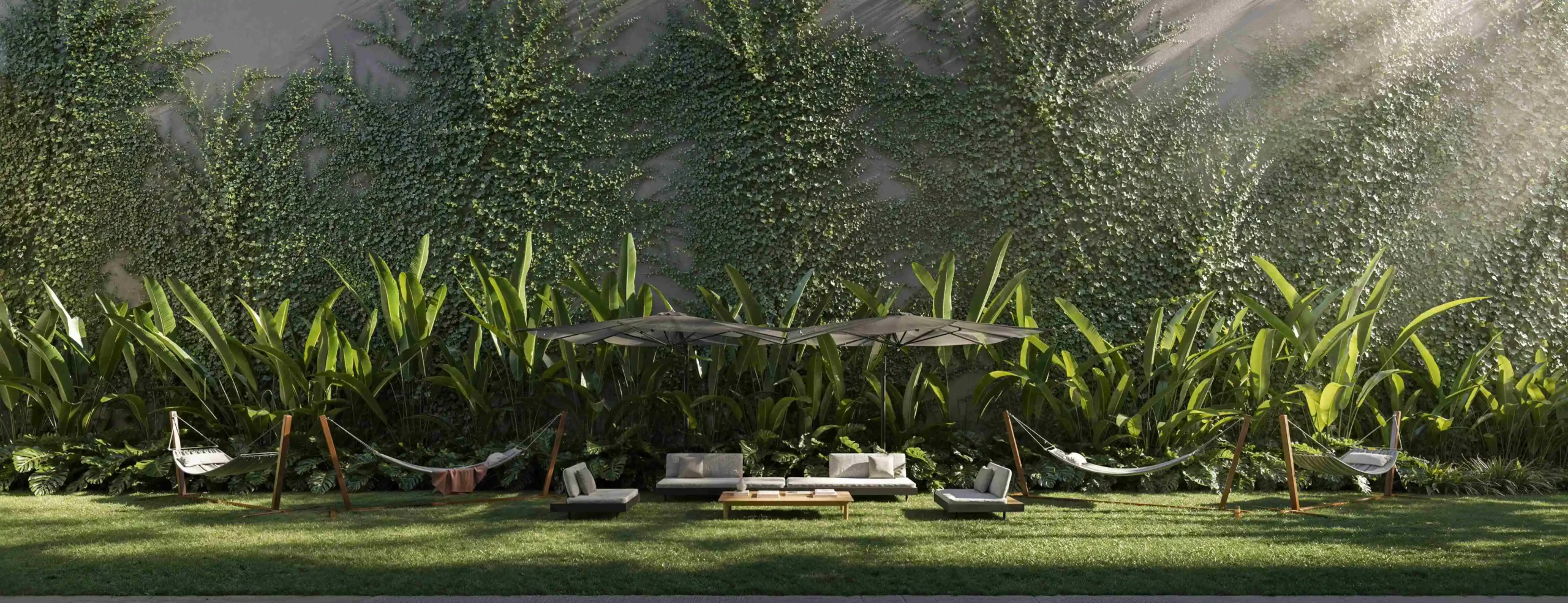 Área externa com jardim e mobiliário integrado à natureza, representando arquitetura biofílica residencial.